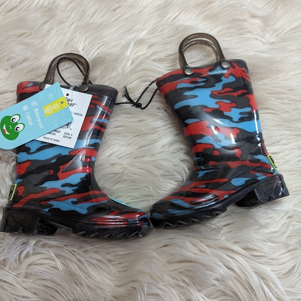 Kids Waterproof Camo Rain Boots with Easy-Grab Handles - Red & Blue